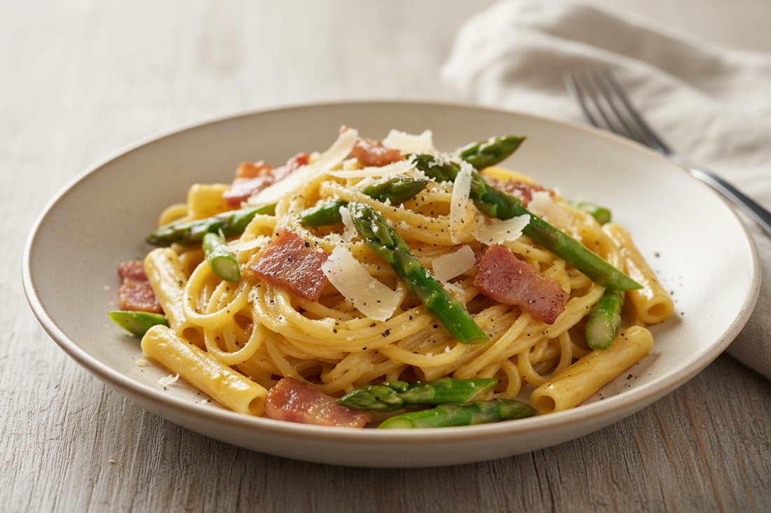 Spargel-Carbonara mit Eigelb-Olivenöl-Creme, Guanciale und Gouda